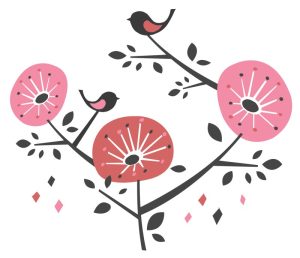 ピンクと赤の花と小鳥