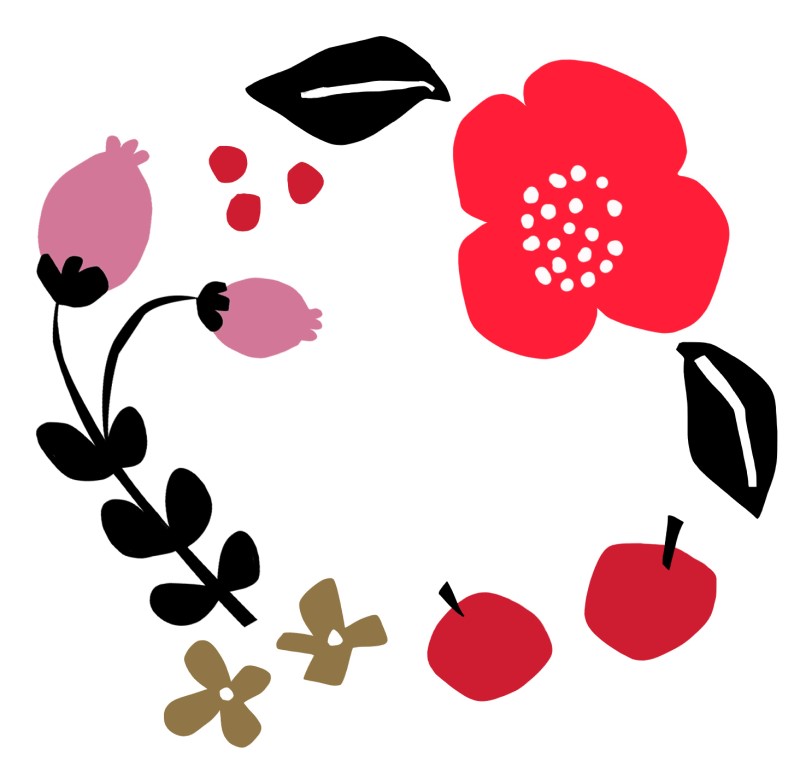 赤い花・ピンクのつぼみ・小リンゴの輪