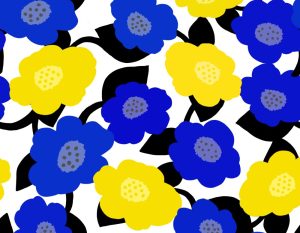 ビビッドな黄色と青の花々