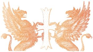 十字架を取り合う２匹のグリフィン（銅版画調・カラー）