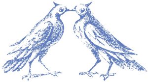 2羽の向き合うハト(銅版画調・カラー)