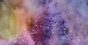 黄・紫に煙る夜空の星々（水彩画）