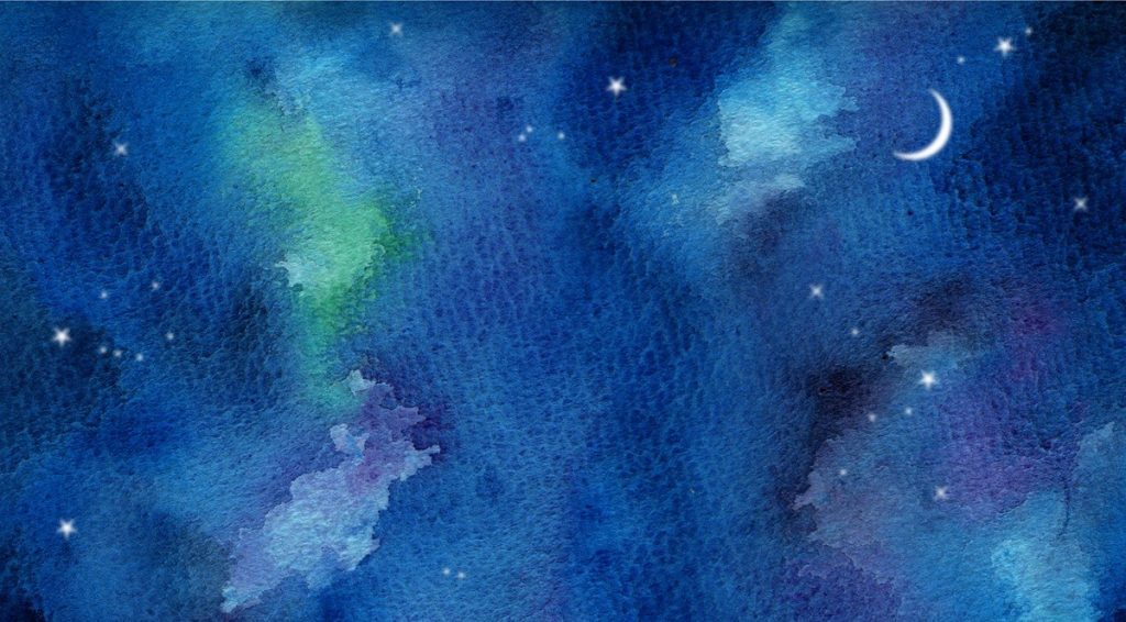 青い夜空と白い三日月（水彩画・下部をトリミング）