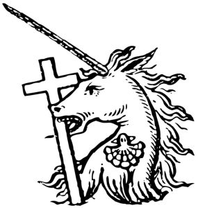 十字架を噛むユニコーン（銅版画調・モノクロ）